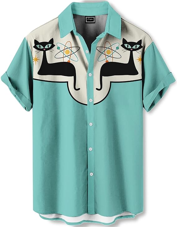 Men's Hawaiian Shirt, Mirrored Graphic Print, Short Sleeve Vacation Shirt, Tropical Casual Beach