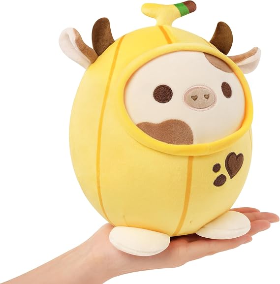 PEACH CAT Cute Banana Cow Plush Pillow Cow Stuffed Animal Cow plushie with Banana Outerwear for Kids Yellow 8"