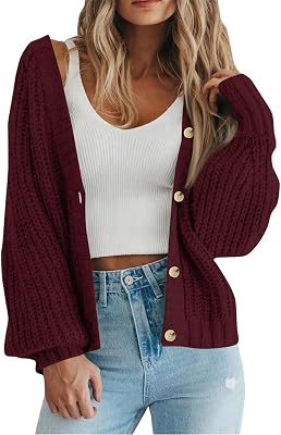 Womens Casual Knit Jacket Cardigan Lantern Sleeve Spliced Detail Single Breasted Slim Fit Sweater