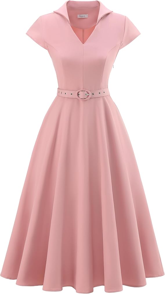 Wedtrend 1950's Vintage Dresses for Women Cocktail Dress with Belt Modest Church Dress Wedding Guest Dresses with Pockets