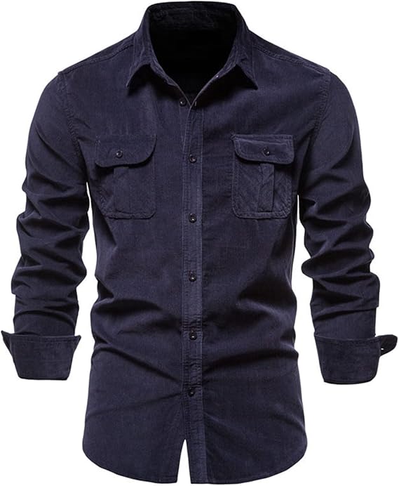 Mens Slim Fit Business Shirts Long Sleeve Button Down Corduroy Shirt