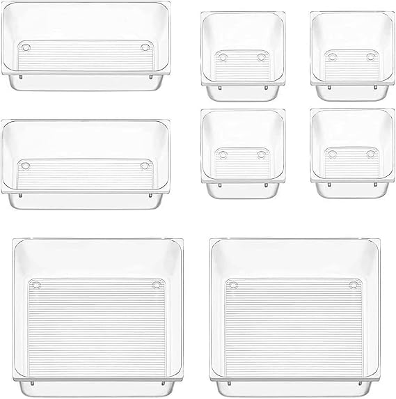 Clear Makeup Drawer Organisers Set of 8/14, Transparent Desk Organiser Trays for Drawers, Multi-Size Plastic Divider Inserts for Cosmetics, Office Supplies, Cutlery & Accessories (8 pcs)