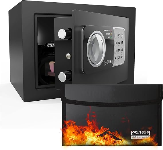 PATRON fireproof safe box for home ,mini safe for money,coin safes with code,fire proof lock box for kids,Wall or Cabinet Safe for personal items,0.236 Cubic Feet Black