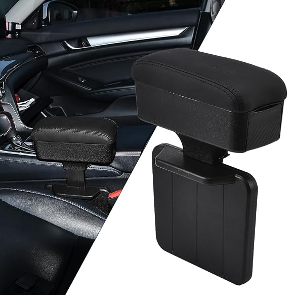 JSCARLIFE Car Armrest Storage Box, Adjustable Central Console Heightening Pad with Cup Holder, PULeather Seat Gap Organizer Elbow and Forearm Wrist Support for Most Vehicles (Black)