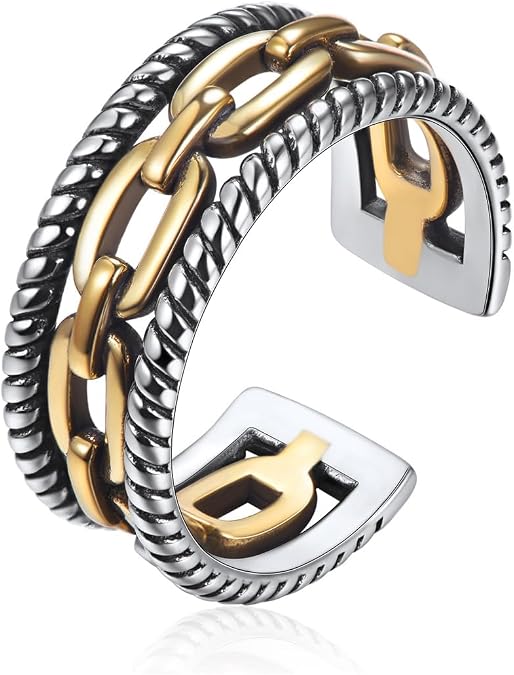 ChicSilver Retro Cuban Link Chain/Criss Cross Rings 925 Sterling Silver and Brass Oxidized Ring Open Adjustable Rings for Women