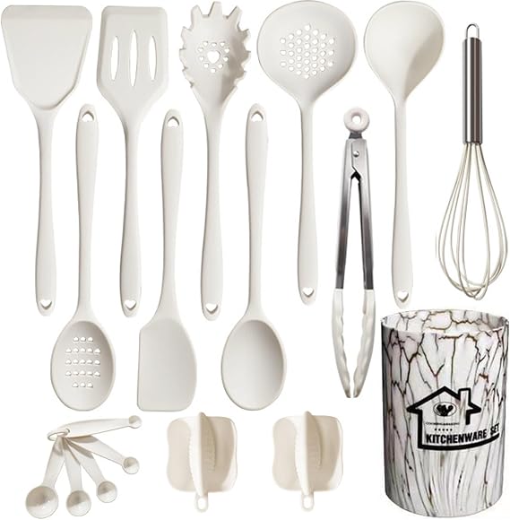 Silicone Utensil Set Kitchen Utensils, 18pcs Cooking Utensils Set, Including Turner Spatula Tong Spoon Non-Stick Heat Resistant Cooking Gadgets,White
