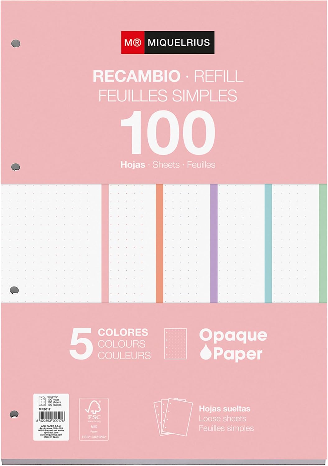 Miquelrius - Refill pad, 100 Dotted Loose Sheets, Opaque Paper 90 gm², Refill A4 Perforated Sheets for Ring Binders or Binders, School Supplies, 5 Colours