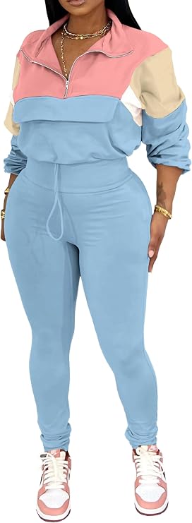 PINSV Women's 2 Piece Outfits Lapel Half Zip Long Sleeve Sweatshirts Sweatpants Tracksuit Casual Sweatsuits Pink Blue XL