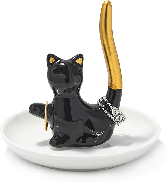 Lynagert Cat Ring Holder Ceramic Jewelry Dish - Trinket Tray for Earrings and Organizer - Funny Themed Gifts for Cat Mom, Lovers, Birthday Gifts for Women