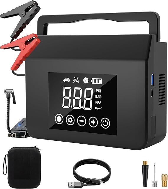 Portable Car Battery Jump Starter with Air Compressor 4000A 150PSI Inflator | 4-in-1 Jump Box, 12V Battery Emergency Booster Pack for Cars, Power Bank & LED Flashlight, Fast Charge, Auto Shut-off