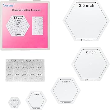 5 Sizes Hexagon Quilting templates for Quilting with 1/4 Seam Allowance,0.5 Inch,1 Inch,1.5 Inch,2 Inch,2.5 Inch,Acrylic Hexagon Quilting Template Set for Sewing Patchwork Crafts