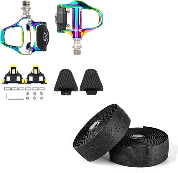 BESTYMXY Bike Pedals Road Bike Pedals+Cleat Set+Cleat Cover with Road Bike Handlebar Tapes(Black)