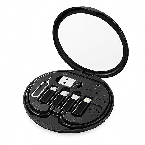 Coverzone Aquatech 60W Çok Fonksiyonlu Veri Kablo Seti, USB-A/USB-C/Lightning/Micro USB Dönüştürücü Kablo Kiti, SIM İğneli Kart Saklama Kutusu, 29cm Taşınabilir Şarj Kablosu (Siyah)