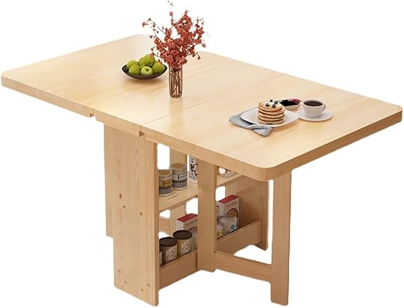Folding Dining Table Drop Leaf Table, Space Saving Drop Leaf Dining Table with 2-Layer Storage Shelf, Foldable Kitchen Table with Foldable in 3 Forms, Utility Extendable Table for Kitchen Bedroom Dini