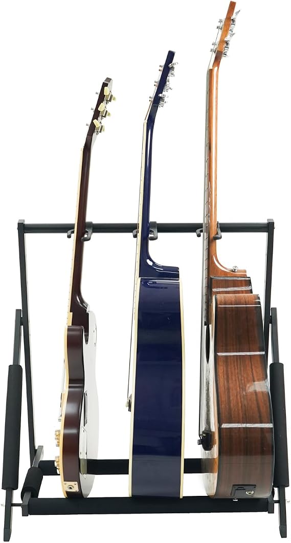 Stage Rocker Multi Guitar Stand, Foldable 3 Holder Rack with Adjustable Height & Width, Easy Assembly & Storage, Reliable Soft Foam Padding to Protect Acoustic or Electric Guitars & Basses, Black.