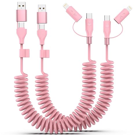 2 Pack Coiled USB-C and Lightning Cable 2-in-1, 3FT iPhone 15 16 Car Charger Cord, 60W Fast Charging Cable for iPhone 16, Samsung Galaxy, Supports Apple CarPlay & Android Auto (Pink)