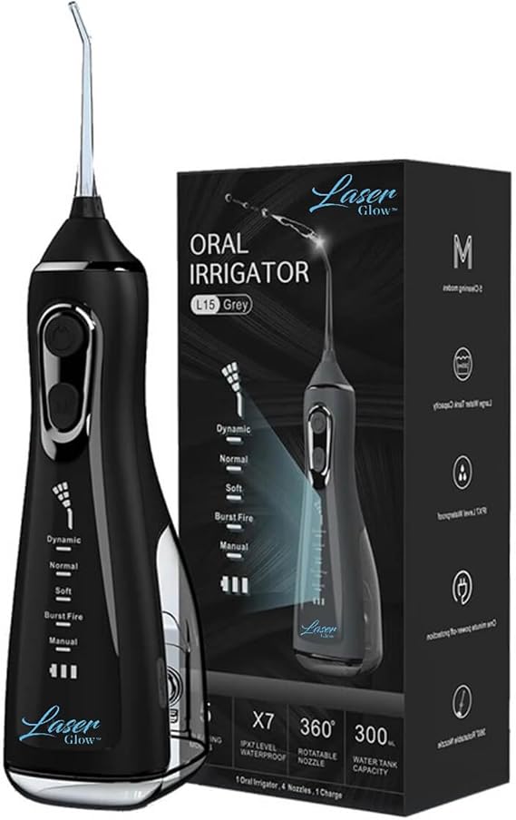 LaserGlow Cordless Water Flosser with LCD Screen, 5 Cleaning Modes, 50-Day Battery Life, IPX7 Waterproof, 300ml Tank (Satin Black)