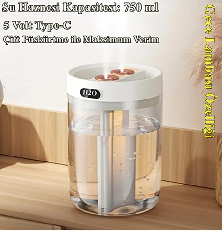 Gaman 750Ml H2O Çift Püskürtmeli Ulrasonik Hava Nemlendirici Buhar Makinesi Ve Aroma Difüzörü [Enerji Sınıfı A+]