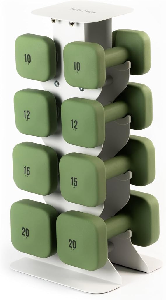 WeGym SafeGrip Square Dumbbells with Anti-Slip Handles, Safe Weight Lifting Equipment for Home Gym, Aesthetic Dumbbell Sets (Essential Set 10+12+15+20LB Pair with Sandstone Rack - Forest Set)
