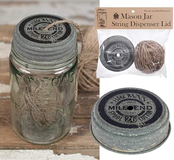 Colonial Tin Works Mason Jar String Dispenser Lid Kitchen Supplies, 2 1/2" x 1", Rustic Galvanized Barn Roof Grey