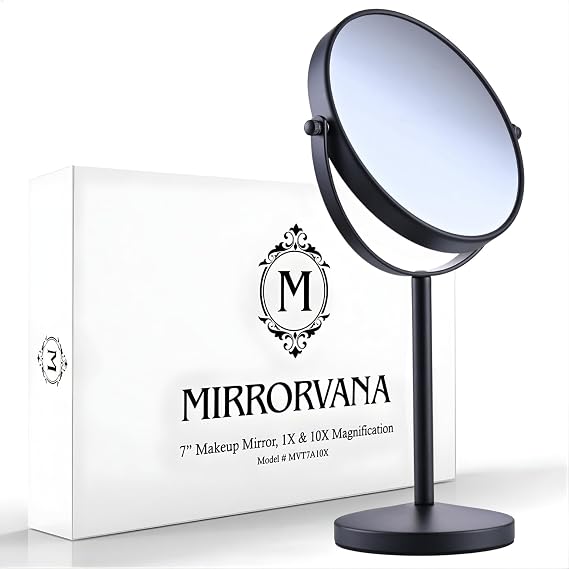 MIRRORVANA 10X / 1X Magnifying Makeup Mirror with Stand, 7" x 14" (Black)