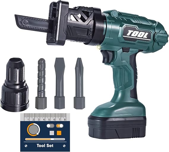 Toy Tool Set - Power Saw, Electric Drill with 3 Interchangeable Drill Bits, Light, Sound - Outdoor Pretend Play for Boys 3-6