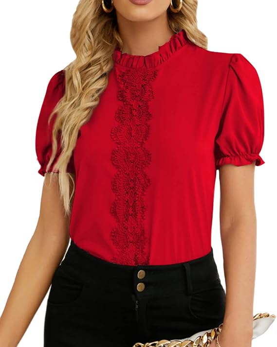 Rooscier Women's Lace Ruffle Puff Short Sleeve Frill Mock Neck Elegant Office Blouse