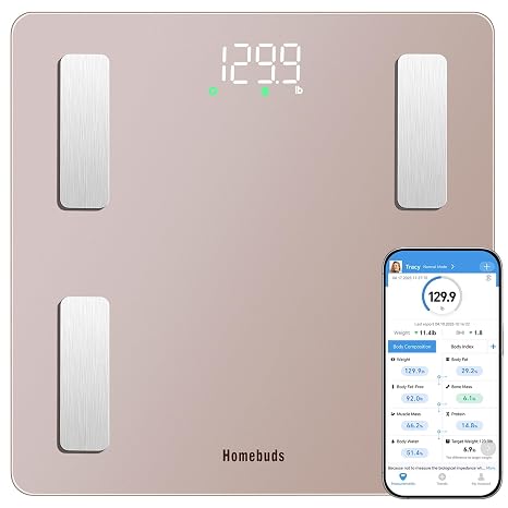 Homebuds Smart Bathroom Scales for Body Weight and Fat, High Precision Assured by Weighing Scales Professional Factory SINCE 2001, App Sync 13 Body Composition with BMI and Body Fat, 400lb Rose Gold