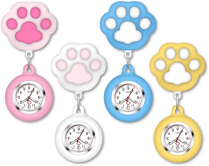 AGEN KGEN 4 Pack Retractable Nurse Watch for Nurses Doctors, Clip-on Hanging Lapel Nurse Watch Silicone Cover Brooch Fob Pocket Watch Badge Reel