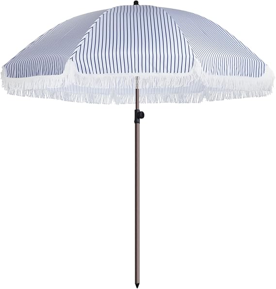 7.5Ft Patio Beach Umbrella with Fringe & Tassel, UPF50+ Push Button Tilt & Crank, Ideal for Garden, Lawn, Deck, Yard & Pool
