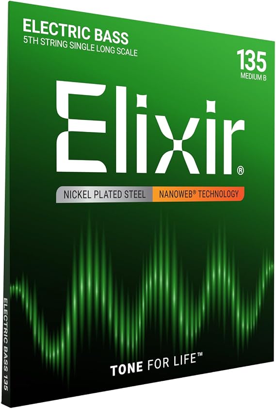 Elixir Strings, Custom Electric Bass Guitar Strings, Nickel Plated Steel with NANOWEB Technology, Longest-Lasting Warm Tone & Comfortable Feel, 5th String Single, Long Scale, Medium B 135