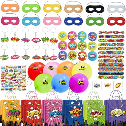 142Pcs Hero Party Favors Kit Birthday Supplies Includes Keychain,Badge,Mask,slap bracelets,Balloons,Tattoo sticker,stickers,Goodies Bags Carnival Prizes Gift Hero Party Decorations