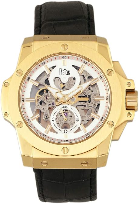 Reign Commodus Automatic Skeleton Leather-Band Watch, Gold/Silver, One Size, REIRN4003