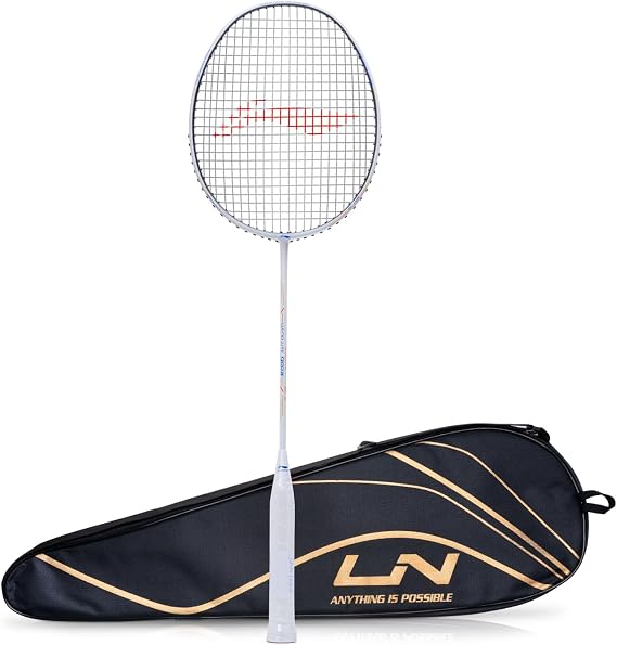 Li-Ning Wind Lite 900 II Carbon Graphite Badminton Strung Racket with Full Racket Cover (White/Black)