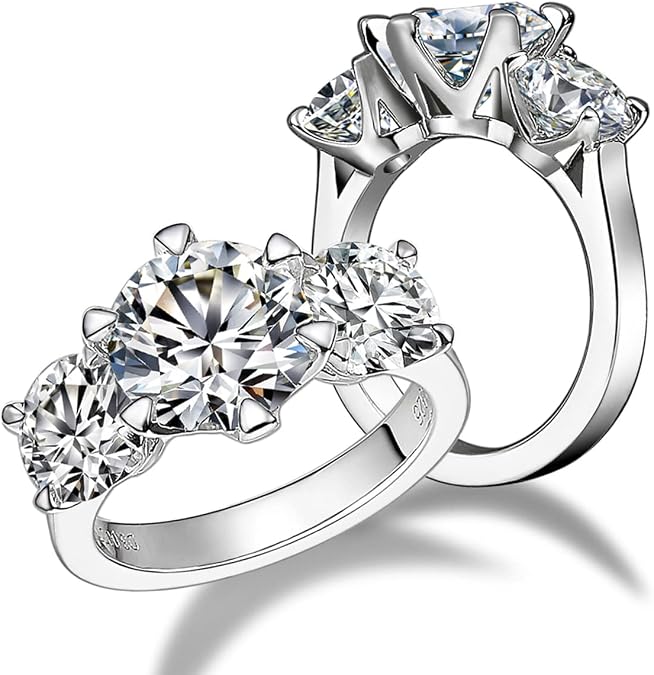 CannyCat 3 Stone Moissanite Ring for Women 5 cttw 3 carat Certified Moissanite with Side 1 carat D-color VVS Brilliant Platinum-Plated Silver Anniversary Engagement Wide Band