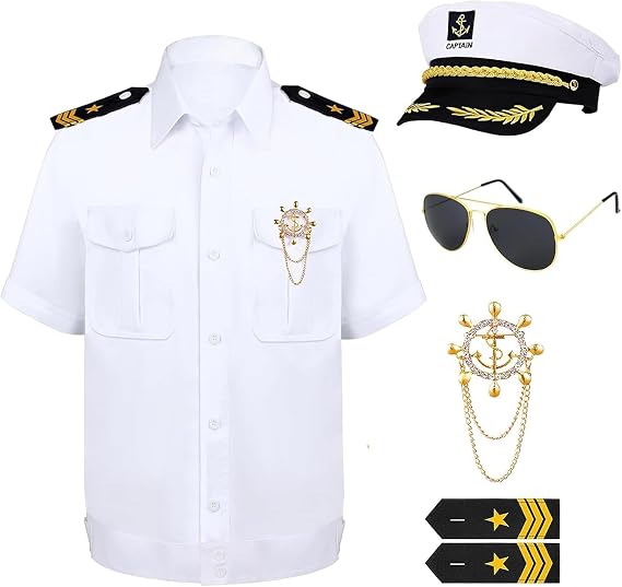 6 Pcs Yacht Captain Sailor Costume for Men,Adult Cruise Accessories Set for Nautical Theme Party and Halloween Cosplay