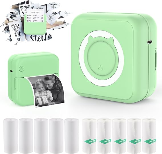 Mini Pocket Printer Portable Thermal Photo Printer with 10 Rolls Printing Paper for Android or iOS APP, Bluetooth Inkless Printer Labler Maker (C15 Green)