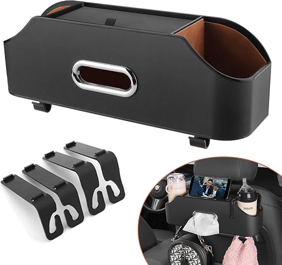 Car Seat Back Organizer with Cup Holders, Tissue Box & Hooks, Black | Waterproof Abs & Pu Leather, Adjustable Headrest Fasteners, Holds Bottles, Phones, Keys & Chargers, for Suvs, Vans, Trucks