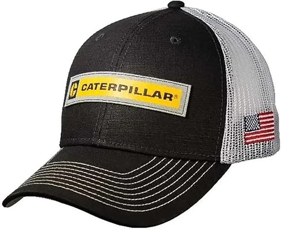 Caterpillar C Block Black & White USA Flag Patch Snapback Mesh Cap/Hat