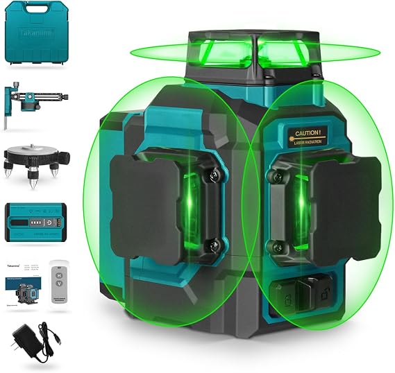 Takamine Laser Level Green 3x360 12 Lines Self Leveling for Construction | Pulse Mode,Remote Control,Full Room Coverage,Picture Hanging,Ceiling/Floor Leveling,Tile,Magnetic Rotating Bracket,Hard Case