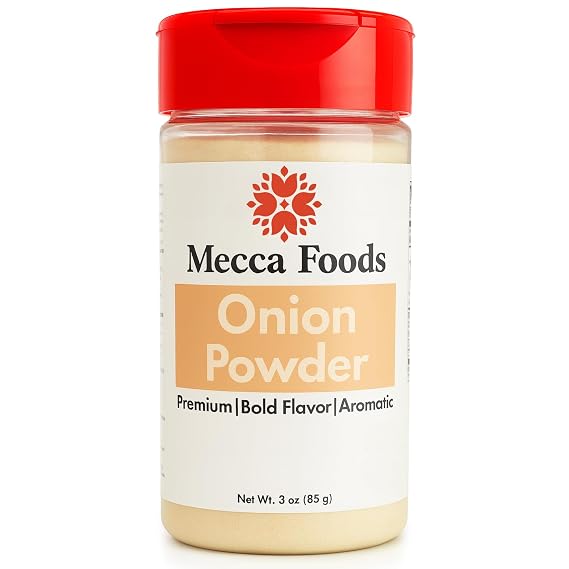 Onion Powder 3 oz - 100% Pure Ground Dehydrated Onion, No Fillers - Non-GMO All-Purpose Seasoning for BBQ Rubs, Burgers, Dips, Soups & Sauces by Mecca Foods