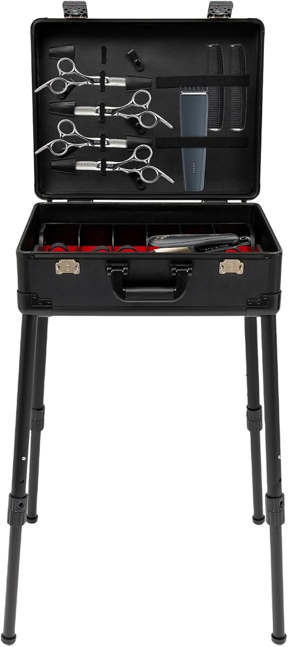 Barber Case, Mobile Barber Station with Support Stand, 18.11-31.5 Inch Height Adjustable Large Capacity Barber Supplies Case, Lockable Professional Barber Toolbox for Barbershops, Black