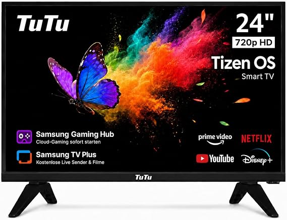 TuTu TU24Q1H-T8 Smart TV 24 Inch (60 cm) with Bluetooth WiFi 2026 Powered by Tizen Triple Tuner (DVB-T/T2 DVB-C DVB-S/S2) App Store AirPlay HDMI USB