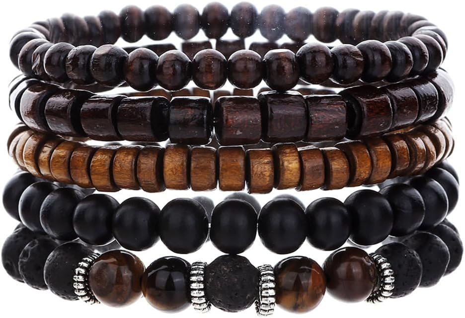Mens Bracelet Stack Puka Shell Bracelets for Summer Beach Surfer Black Brown Turquoise Beaded Bracelet (5PCS Bead Bracelets)