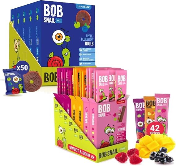 Bob Snail Fruit Leather Stripes – Mix Flavors Raspberry, Blackcurrant, Mango and Fruit Roll Ups Blueberry