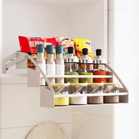 Pull Down Storage Shelf for Kitchen Upper Cabinet, Retractable Cabinet Organizer for Spice Bottles & Seasoning Jars, Metal Lift Up Spice Rack with Guard Rails, Easy to Install (Gray, 3 Tier)