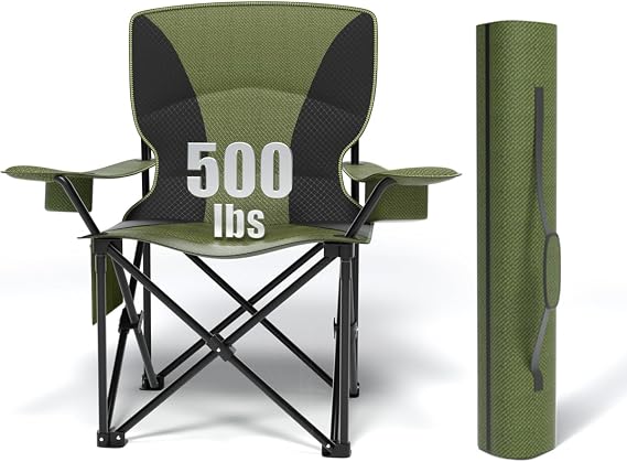 Heavy Duty Folding Chair 500LB Capacity, Oversized Camping Chairs with Cup Holder, Cooler Bag & Storage Pouch, Double-Layer Fabric, Outdoor Chairs for Sports, Lawn Chairs (1, Black Green, Oversized)