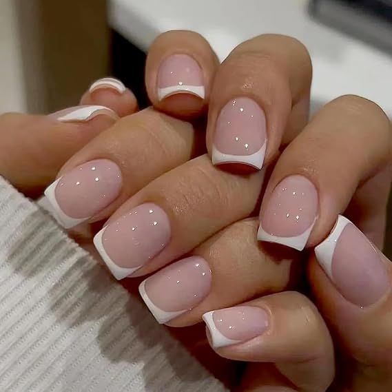 24 Pcs French Tip False Nails - Short Square Pink Press on Nails with White Tip/Full Cover Fake Nails for Women and Girls Nail Art (French White Tip)
