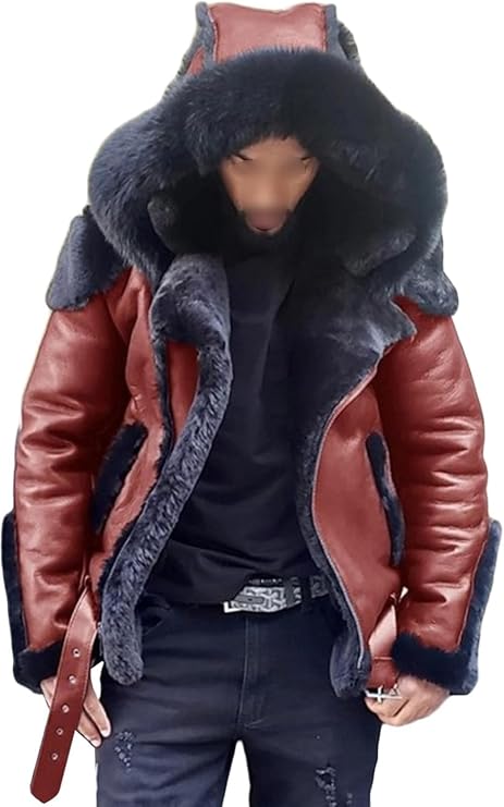 DGHM-JLMY Mens Bomber Hooded Shearling Coat Fur Hooded Sherpa Lined Jacket Faux Fur Lapel Collar Leather Jackets