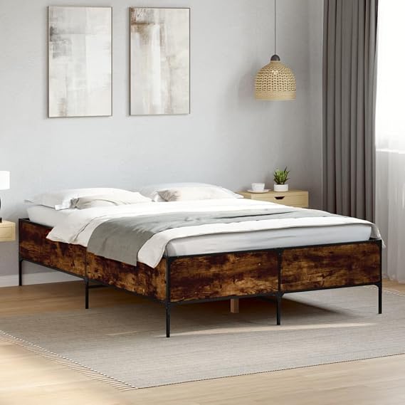 Small Double Bed Frame, Engineered Wood and Metal, with Plywood Slats, Sturdy Legs for Modern Bedroom (160 x 200 cm(44 cm))